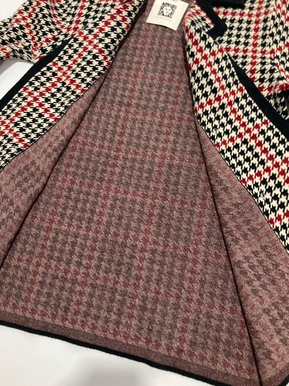 NWT Anne Klein Titan Red Black Houndstooth Open Front Gold Button Knit Blazer - Picture 15 of 16